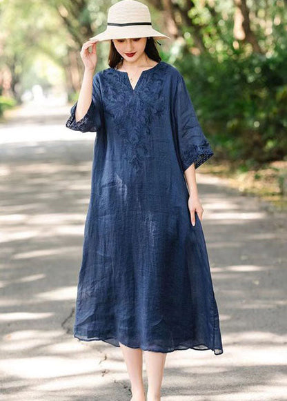 Navy V Neck Embroideried Patchwork Linen Dresses Summer