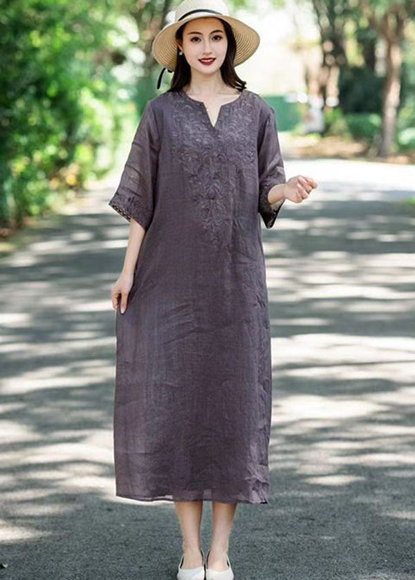Navy V Neck Embroideried Patchwork Linen Dresses Summer