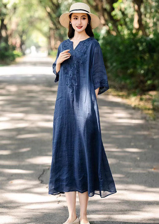 Navy V Neck Embroideried Patchwork Linen Dresses Summer