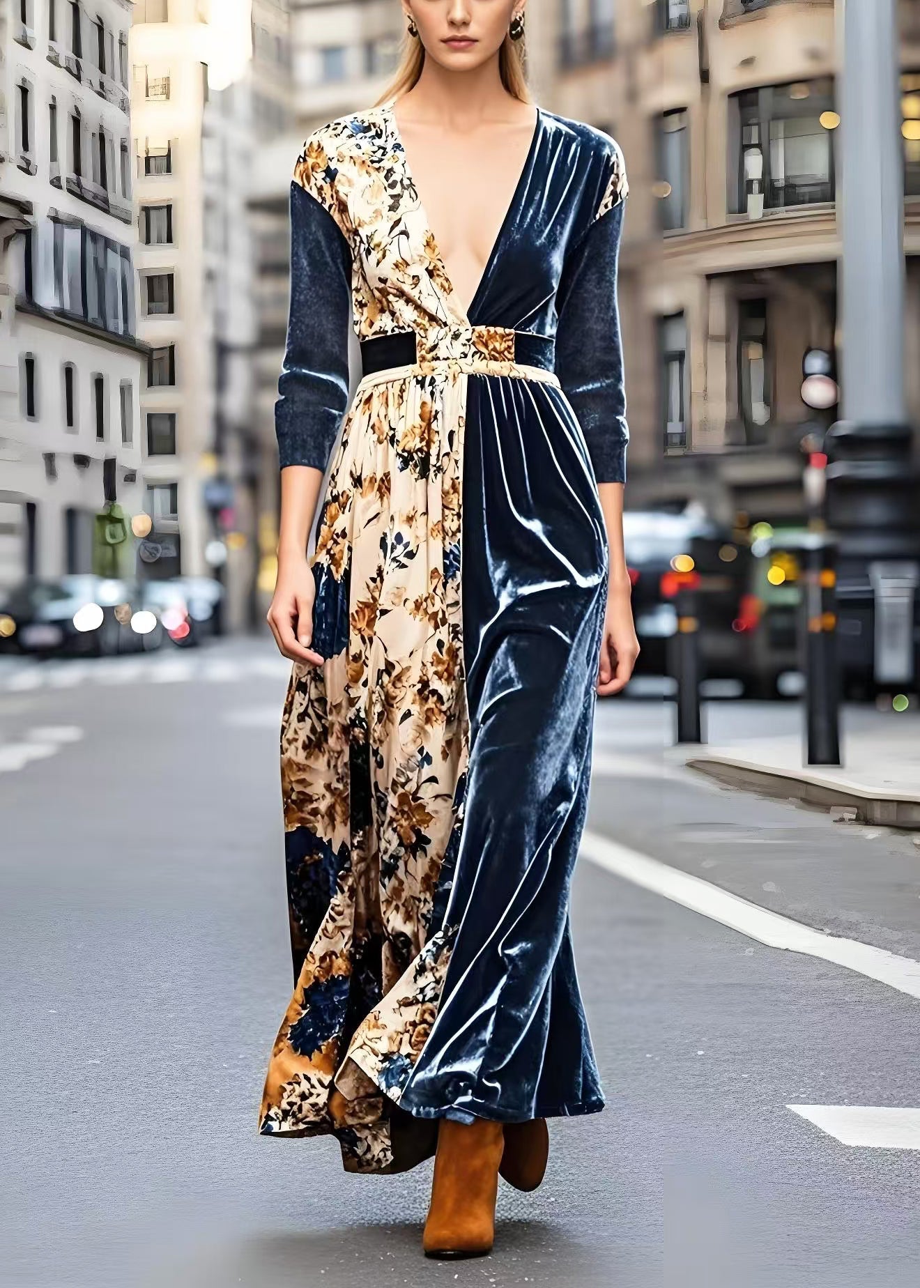 Navy V Neck Patchwork Print Silk Velvet Dresses Spring