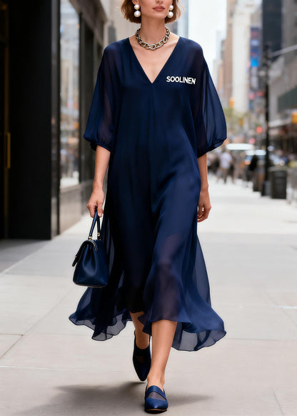 Navy V Neck Print Chiffon Long Dress Summer