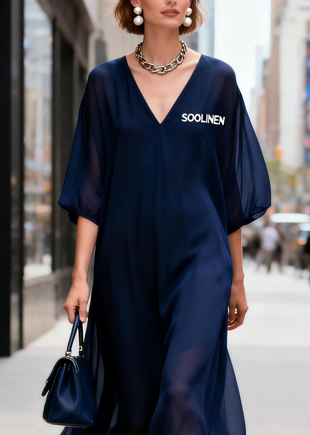 Navy V Neck Print Chiffon Long Dress Summer