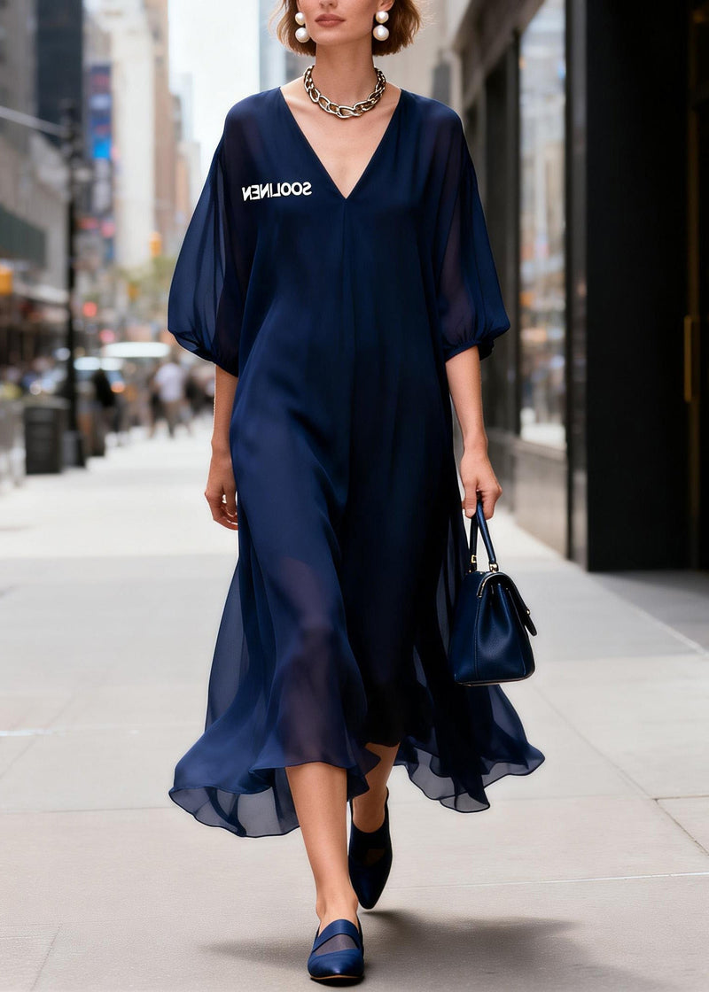 Navy V Neck Print Chiffon Long Dress Summer