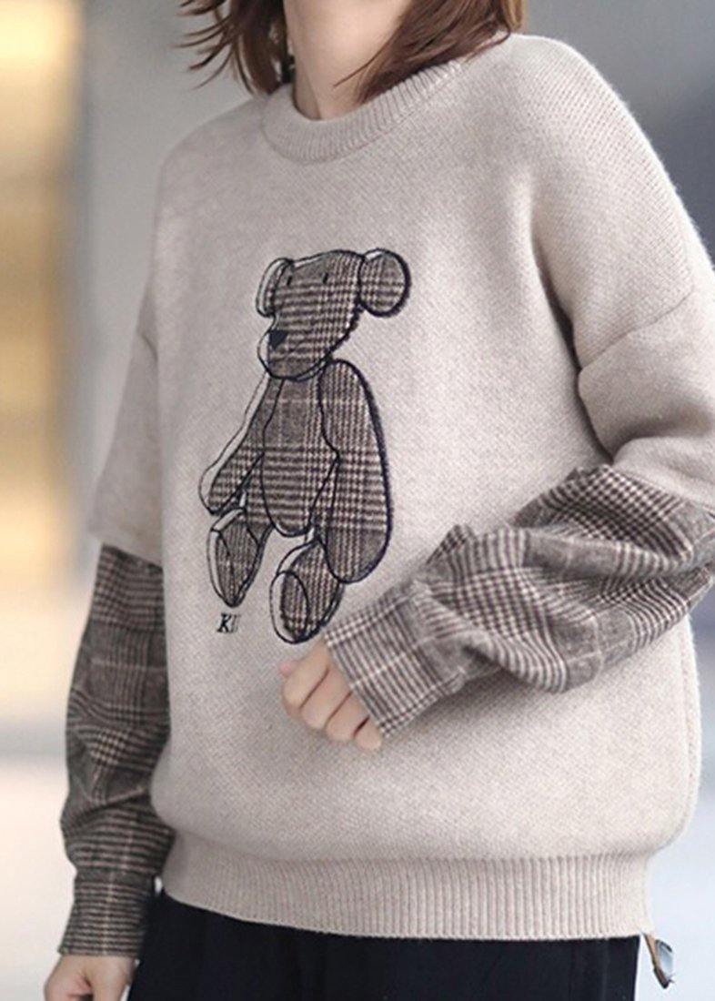 Nude Bear Design Clothes O Neck False Two Pieces Knee Spring Blouse
