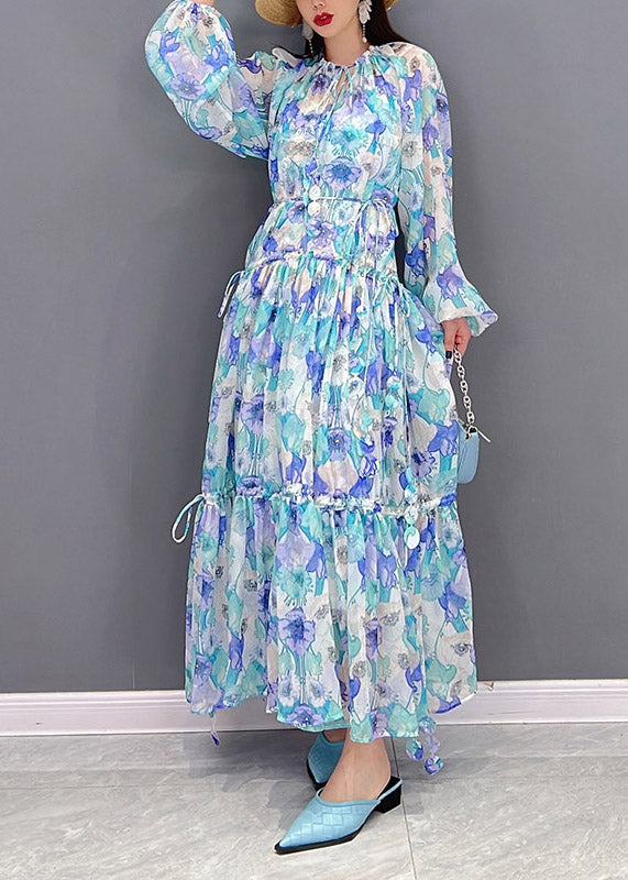 O-neck Drawstring Wrinkled Print Chiffon Long Dresses Lantern Sleeve