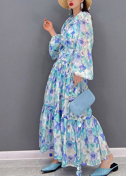 O-neck Drawstring Wrinkled Print Chiffon Long Dresses Lantern Sleeve