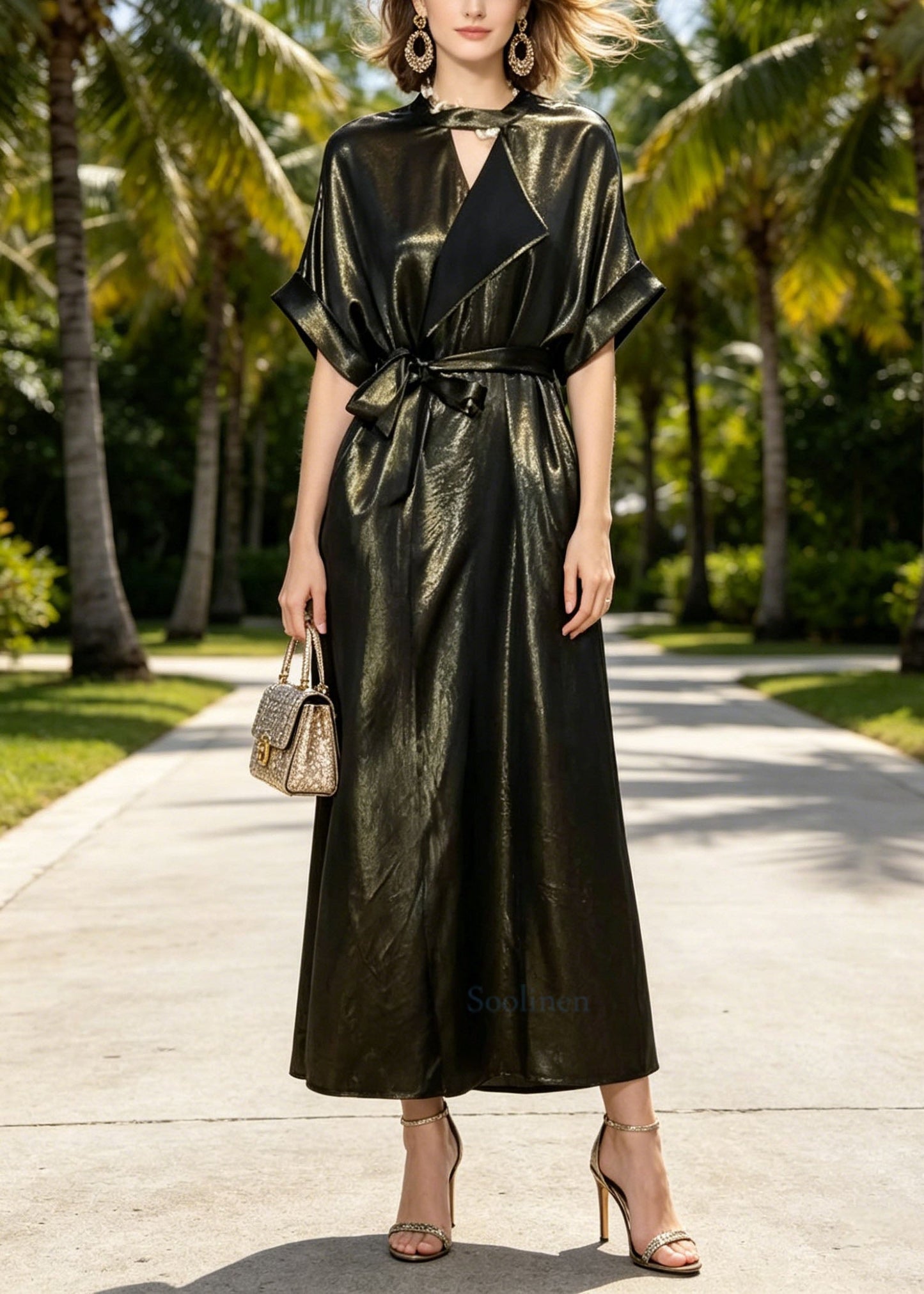 O Neck Lace Up Pockets Silk Long Dresses Summer