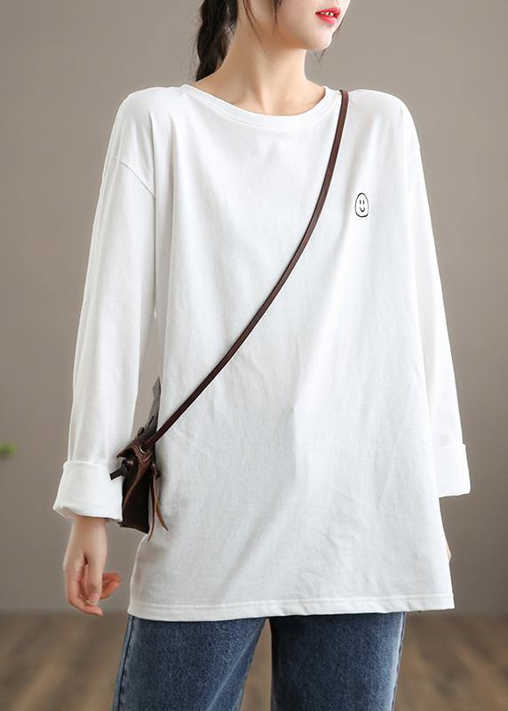 O Neck Linen Spring Blouse Fabrics White Smiling Face Blouse