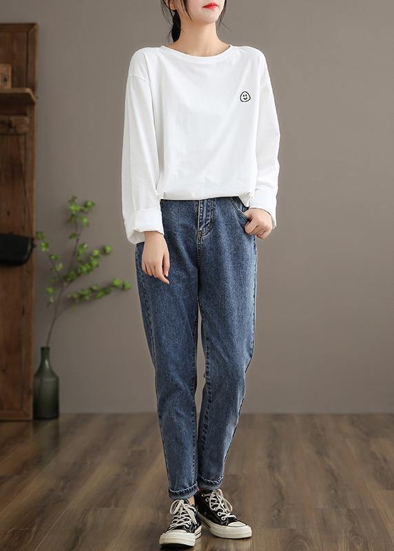 Elegant O Neck Linen Spring Blouse Fabrics White Smiling Face Blouse