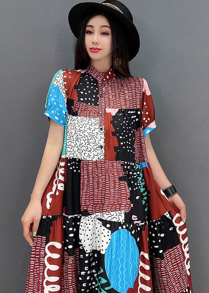 O-neck Print Button Long Dresses Short Sleeve