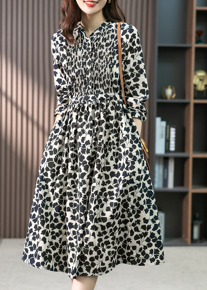 O-neck Print Drawstring Long Dress Summer
