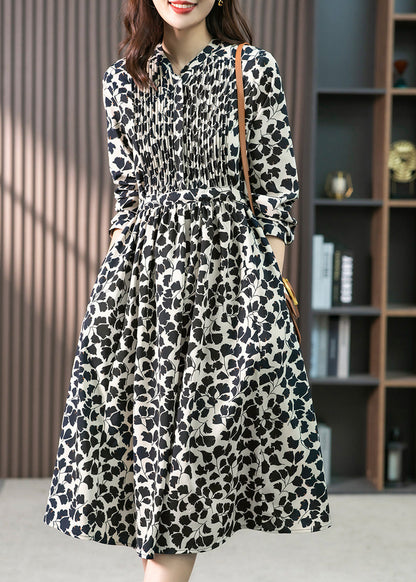 O-neck Print Drawstring Long Dress Summer