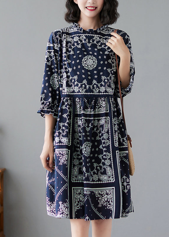 O-neck Print Maxi Dresses Half Sleeve