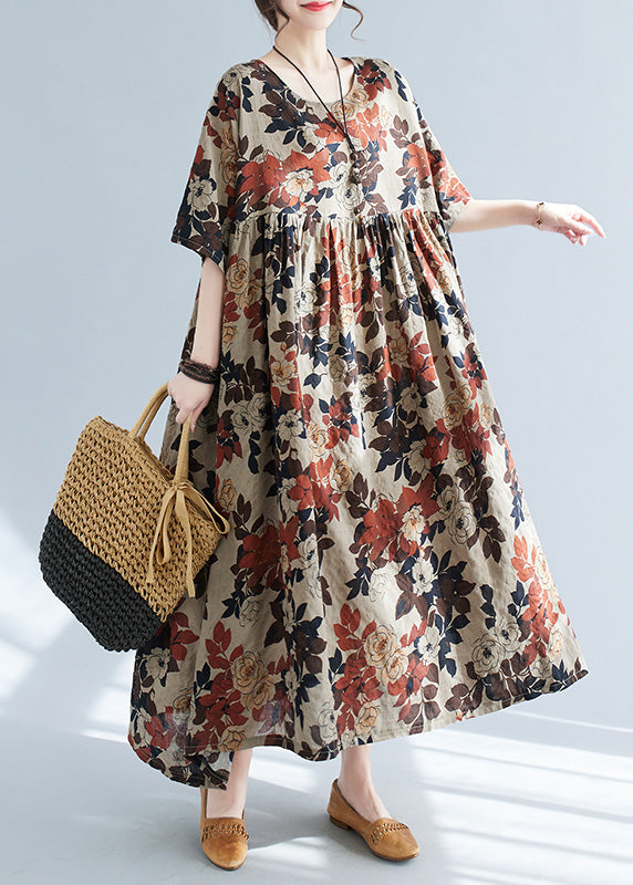 O-neck Print Patchwork Long Dresses Short Sleeve