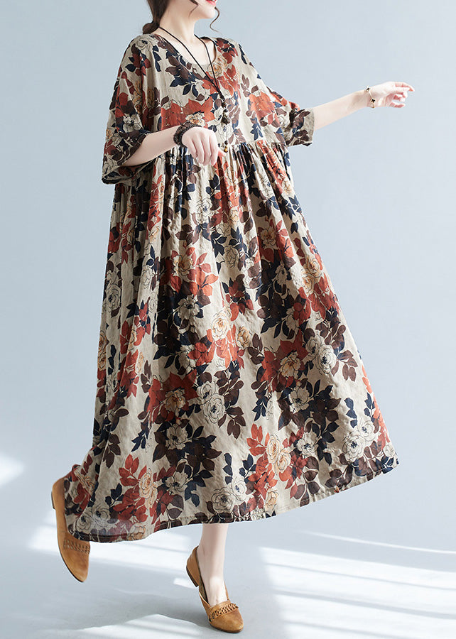 O-neck Print Patchwork Long Dresses Short Sleeve