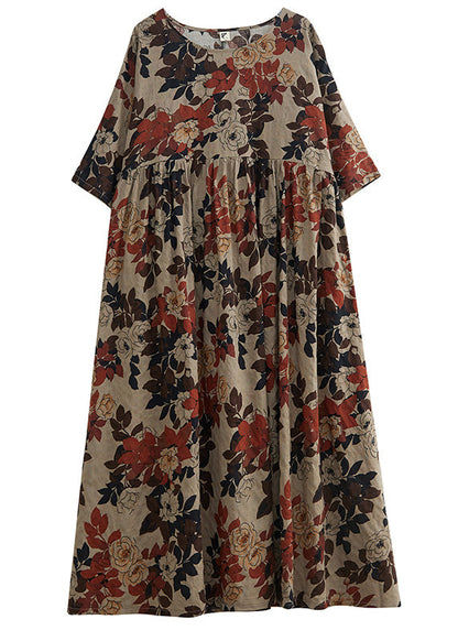 O-neck Print Patchwork Long Dresses Short Sleeve