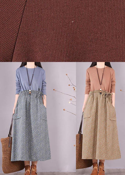 O Neck Spring Wardrobes Sewing Blue Patchwork Print Art Dresses