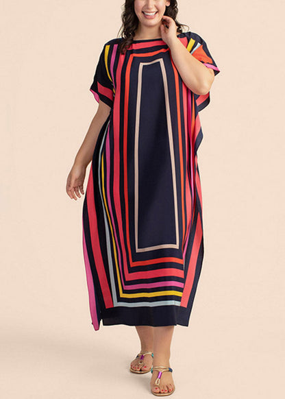O-neck Striped Patchwork Side Open Maxi Beach Dresses Short Sleeve