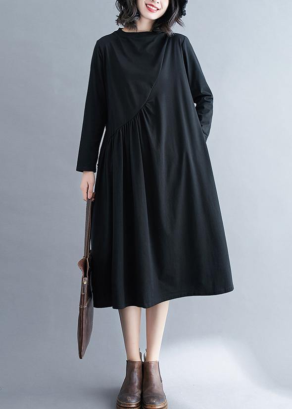 O Neck Wrinkled Spring Tunics Outfits Black Maxi Dress