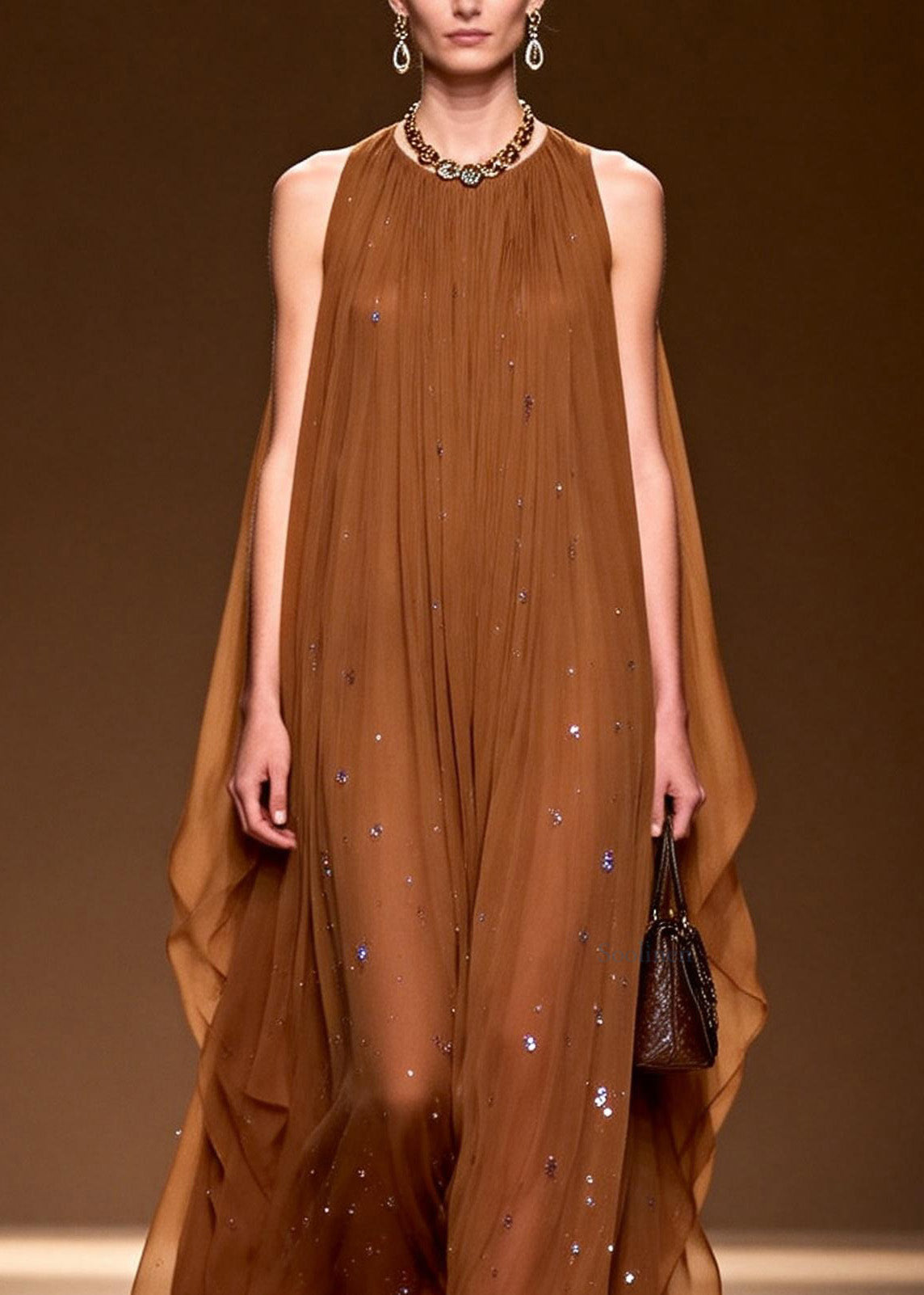 O Neck Zircon Chiffon Long Dress Sleeveless