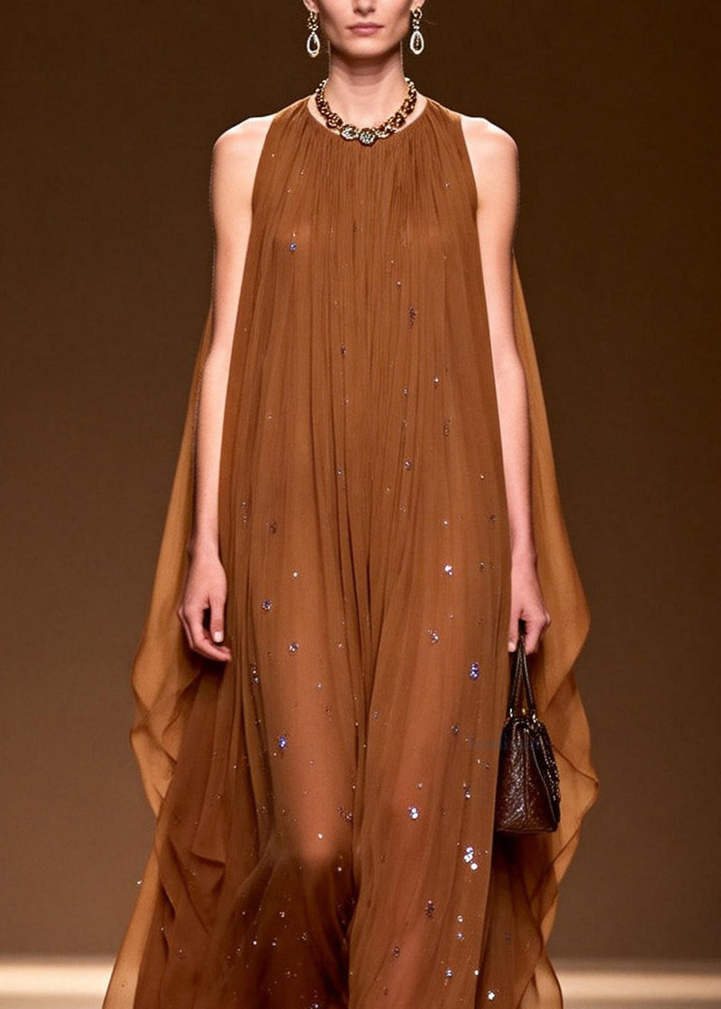 O Neck Zircon Chiffon Long Dress Sleeveless