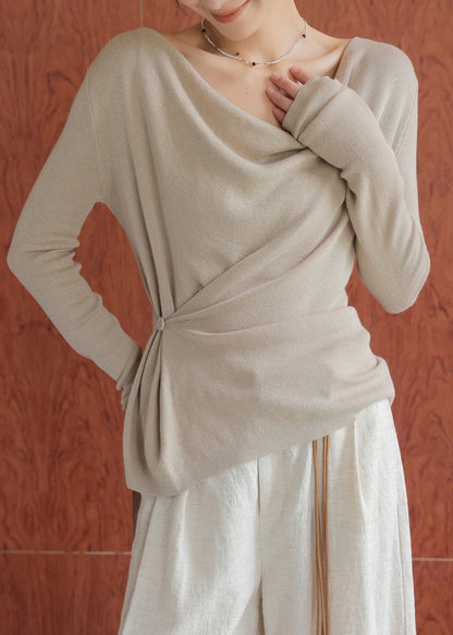 Elegant Oat Colored Collar Wool Knitted Top Spring