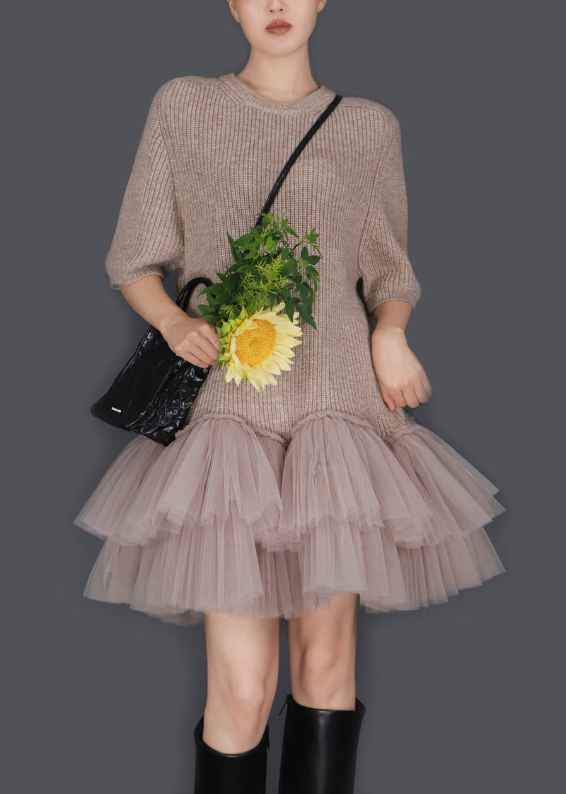Oatmeal Color O Neck Wrinkled Tulle Patchwork Knit Sweater Dress