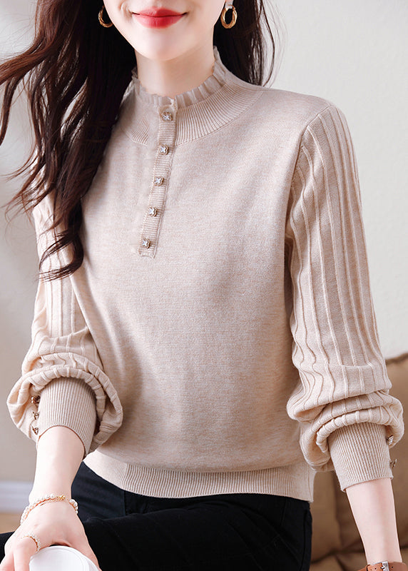Oatmeal Ruffled Button Patchwork Woolen Sweater Spring