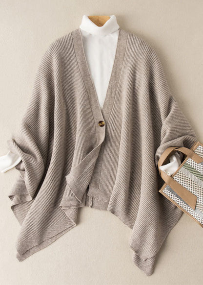 Oatmeal V Neck Button Cotton Knit Sweaters Cardigans Batwing Sleeve
