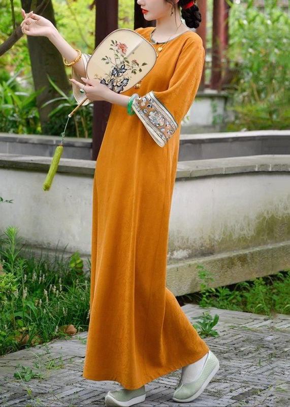 Orange Button Print Silk Long Dresses Bracelet Sleeve