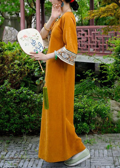 Orange Button Print Silk Long Dresses Bracelet Sleeve