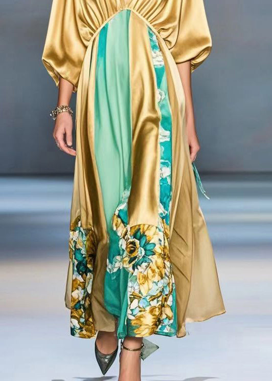 Orange Deep-v Neck Patchwork Silk Maxi Dresses Batwing Sleeve