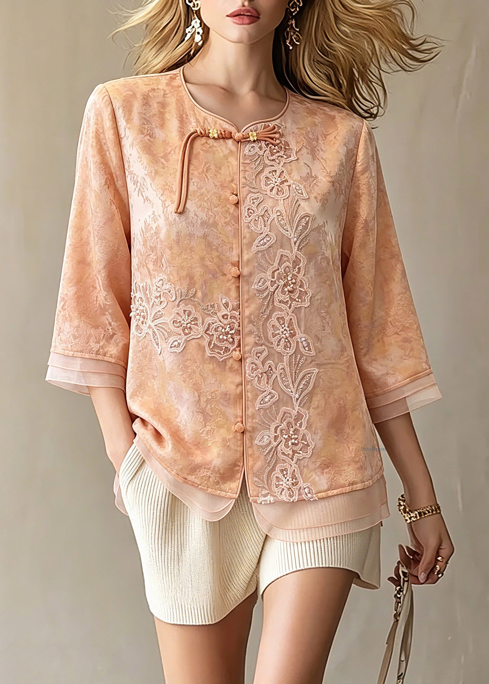 Elegant Orange Embroidered Patchwork Button Shirts Spring