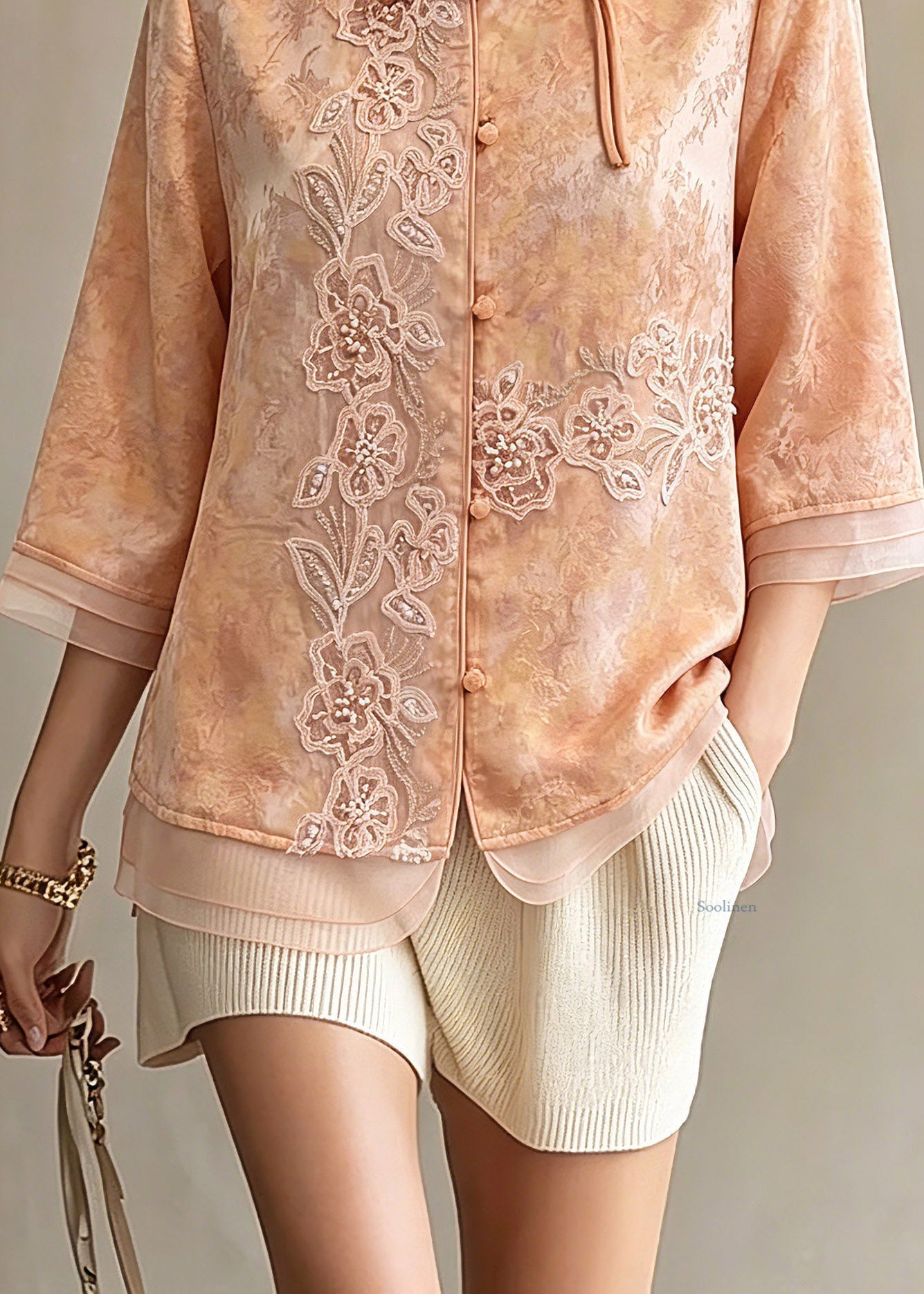 Elegant Orange Embroidered Patchwork Button Shirts Spring