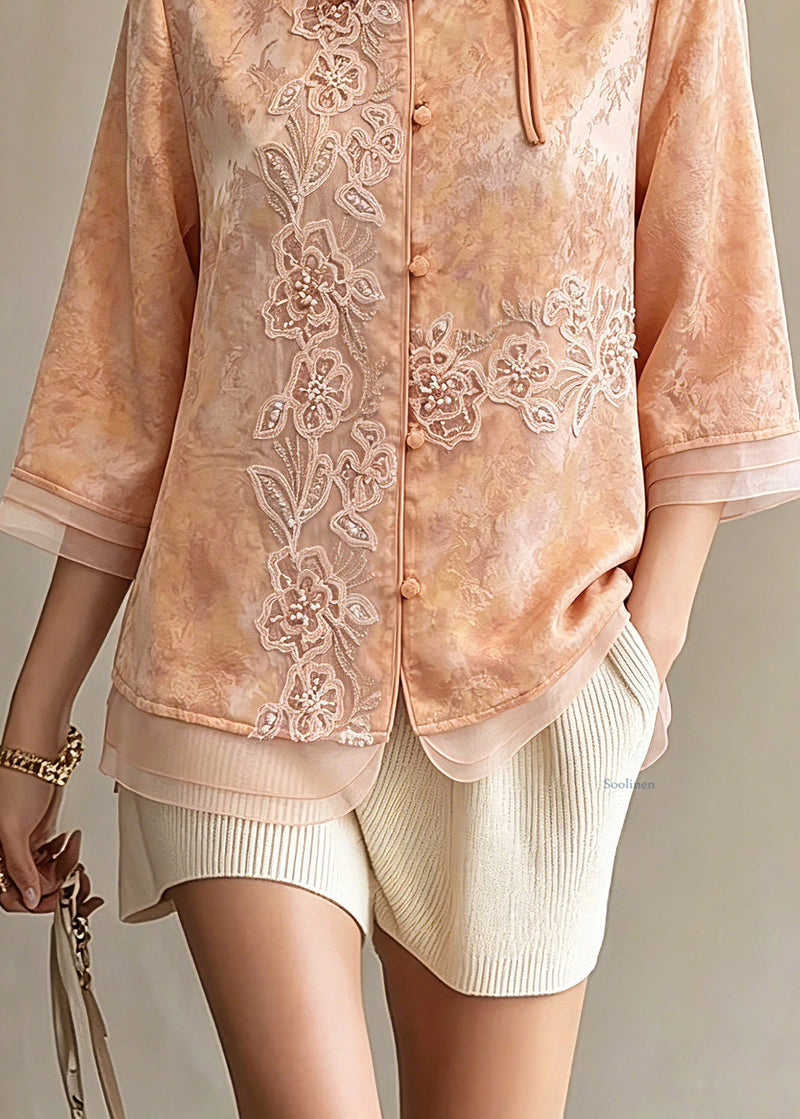 Orange Embroidered Patchwork Button Shirts Spring