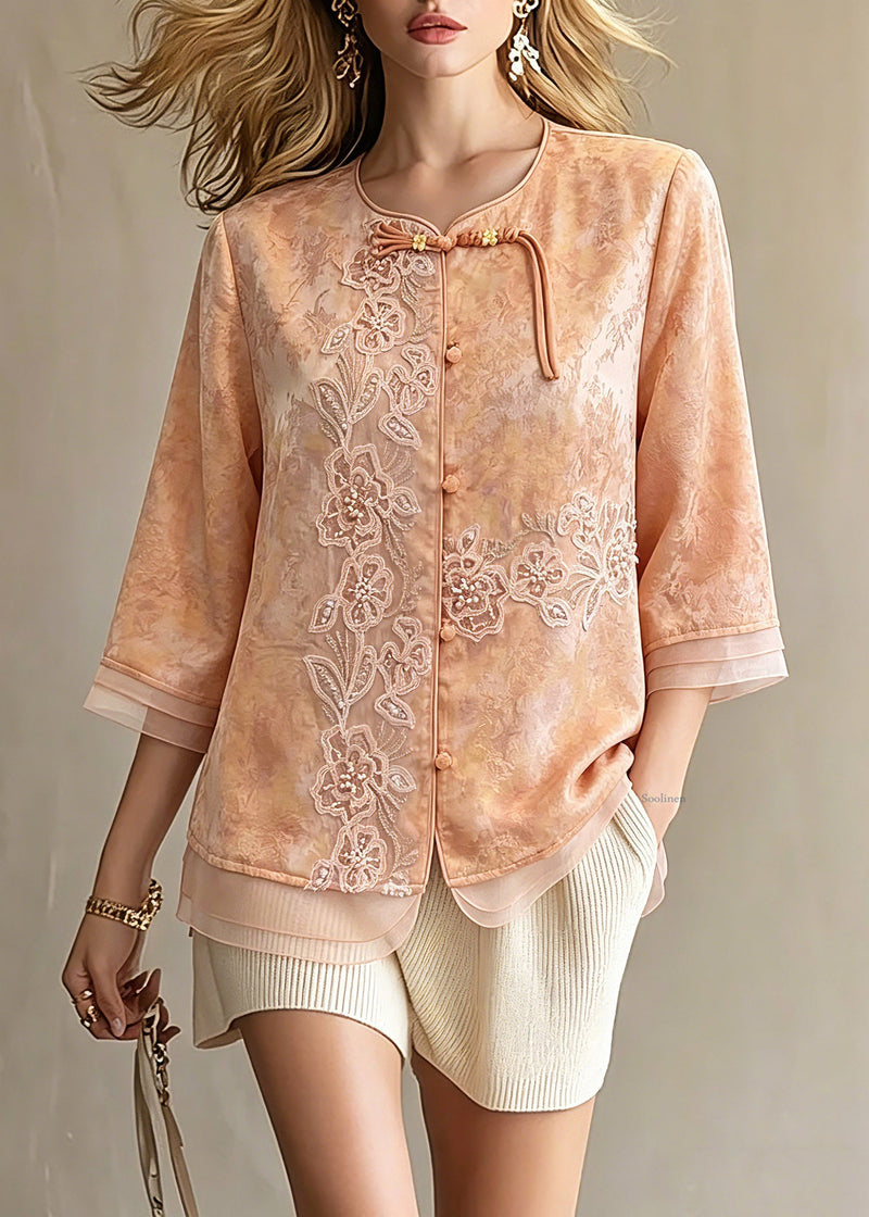 Orange Embroidered Patchwork Button Shirts Spring