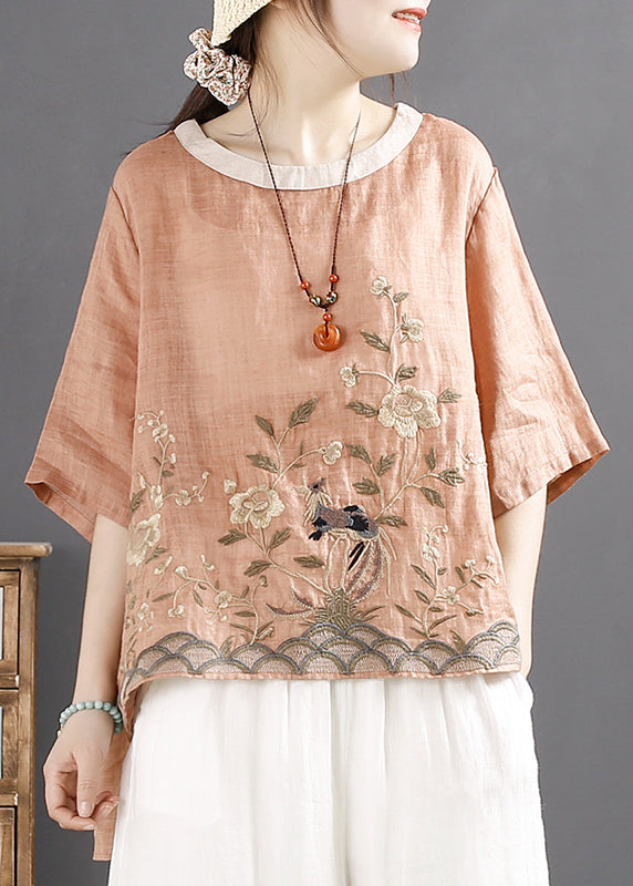 Orange Embroidered Linen Shirt Top Summer