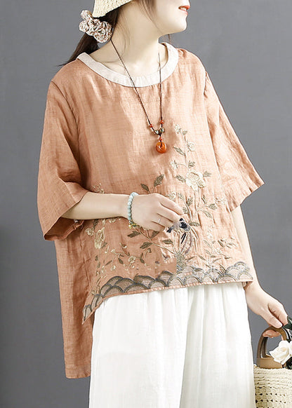 Orange Embroidered Linen Shirt Top Summer