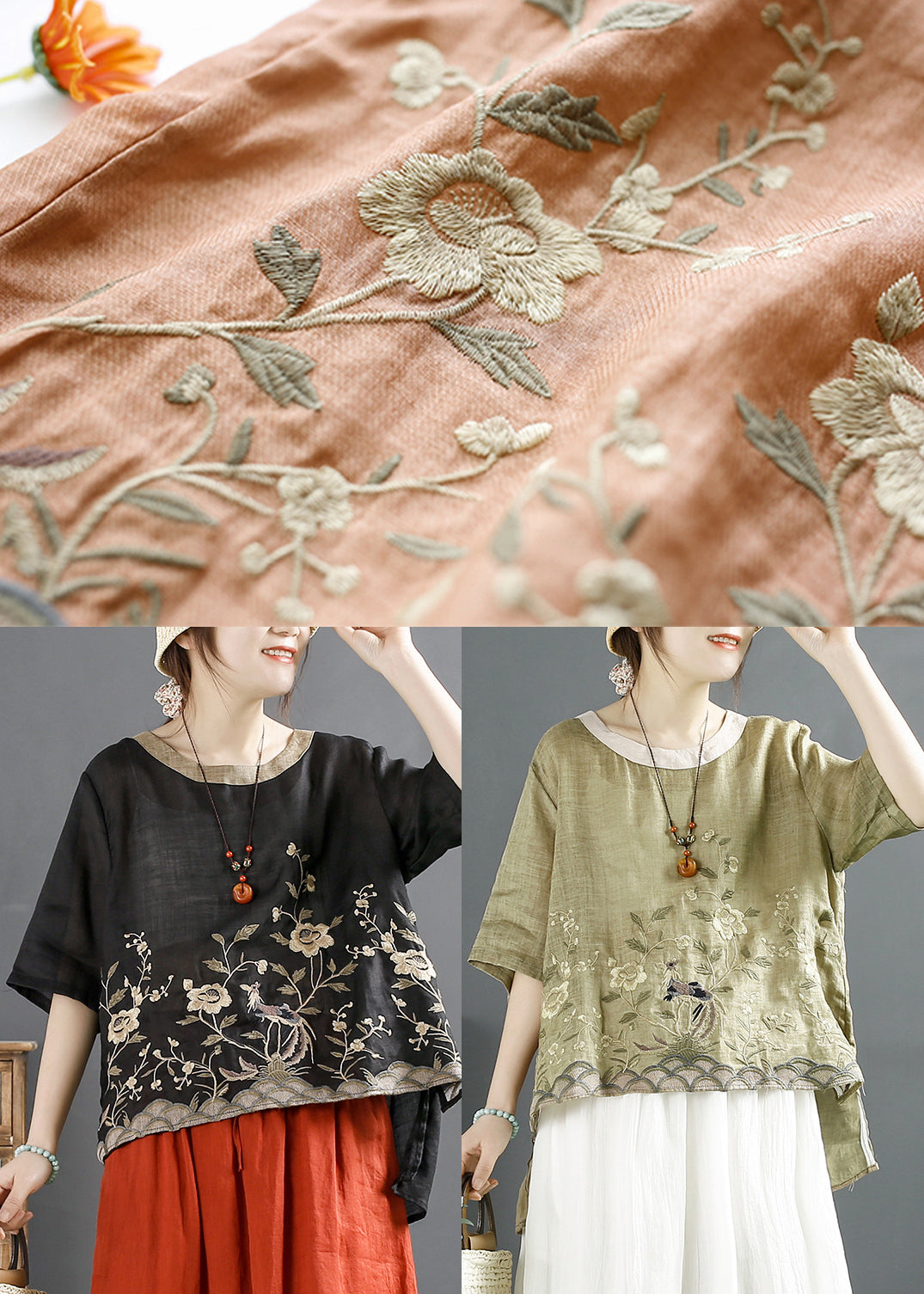 Orange Embroidered Linen Shirt Top Summer