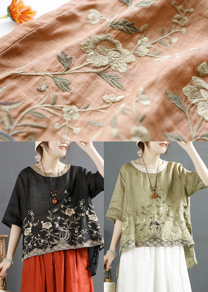 Orange Embroidered Linen Shirt Top Summer