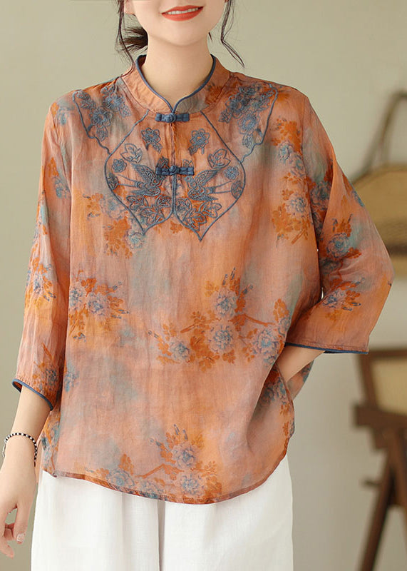 Orange Embroidered Print Cotton Shirts Half Sleeve