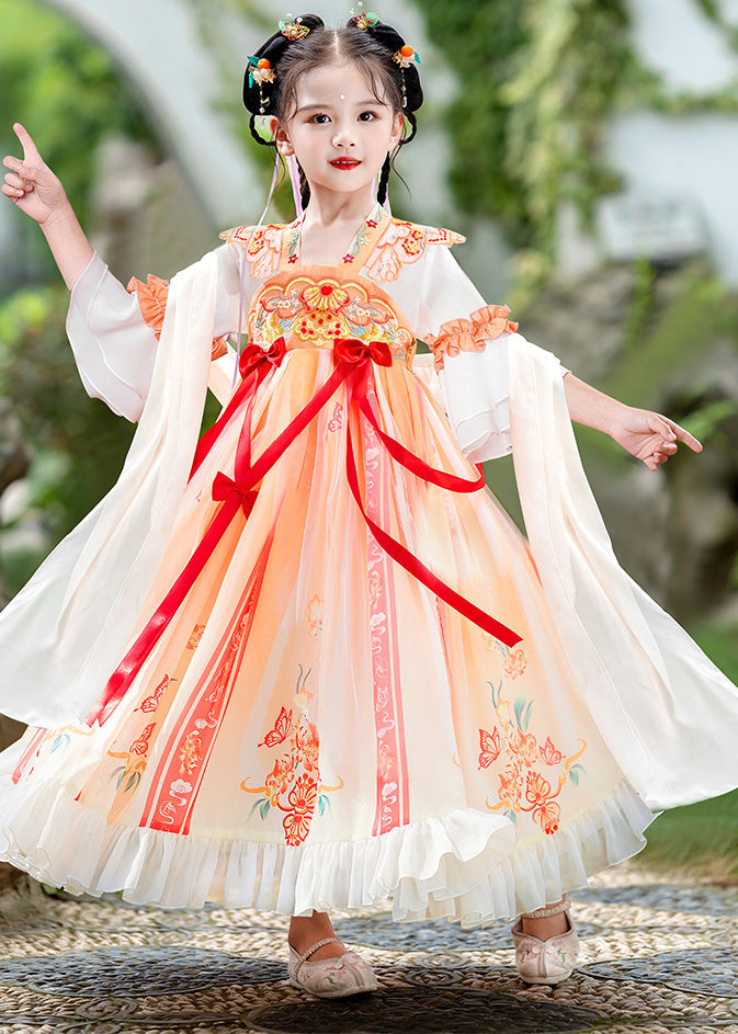 Orange Embroideried Ruffled Bow Kids Long Dress Summer