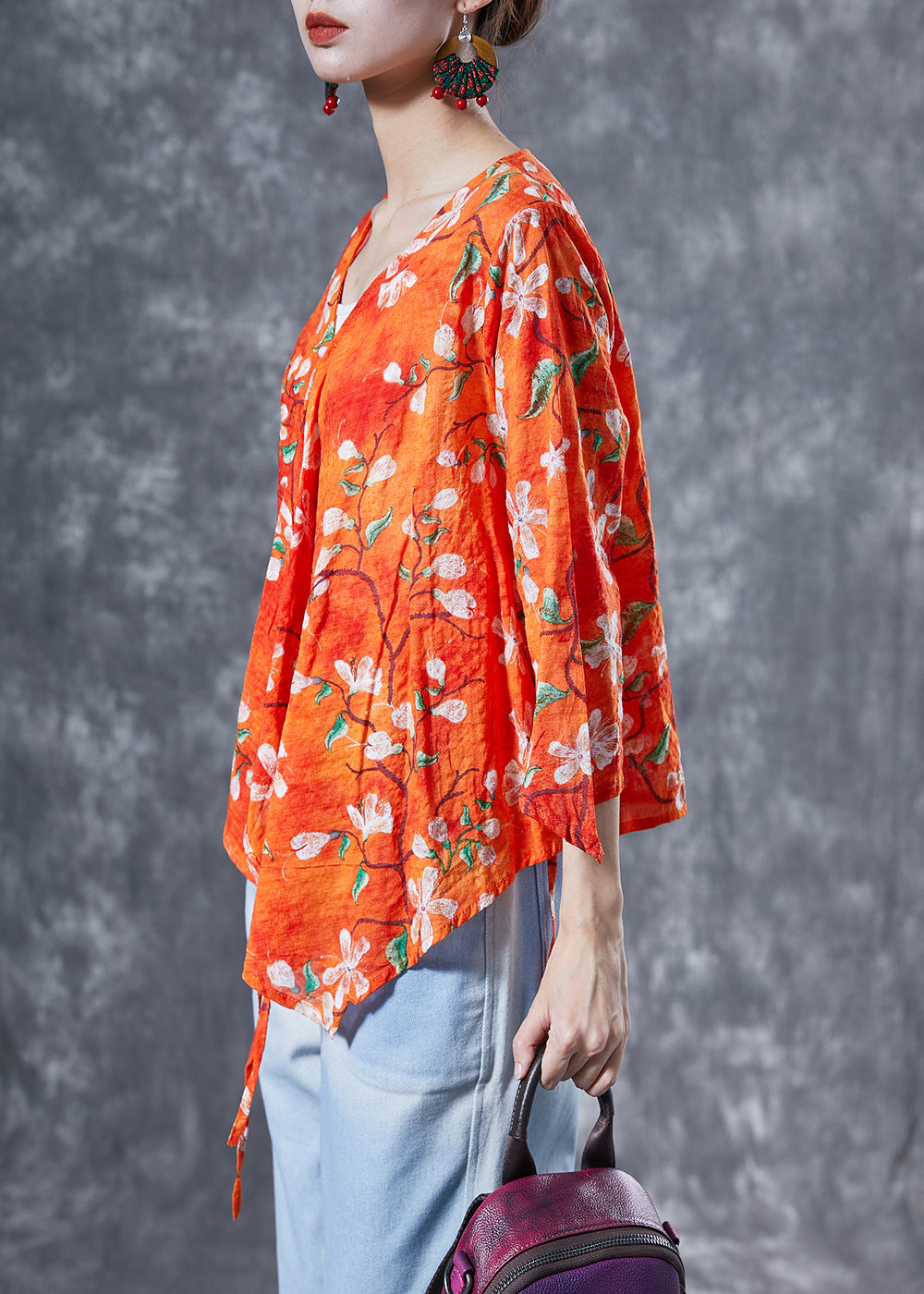 Orange Flower Print Lace Up Cotton Shirt Tops Bracelet Sleeve