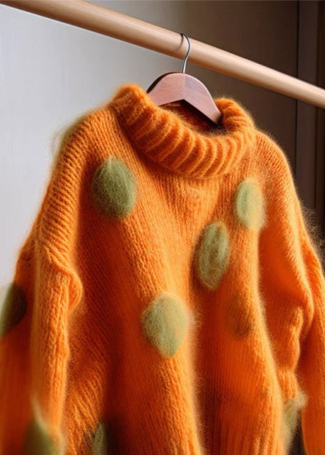 Orange Hign Neck Cashmere Knit Sweaters Fall