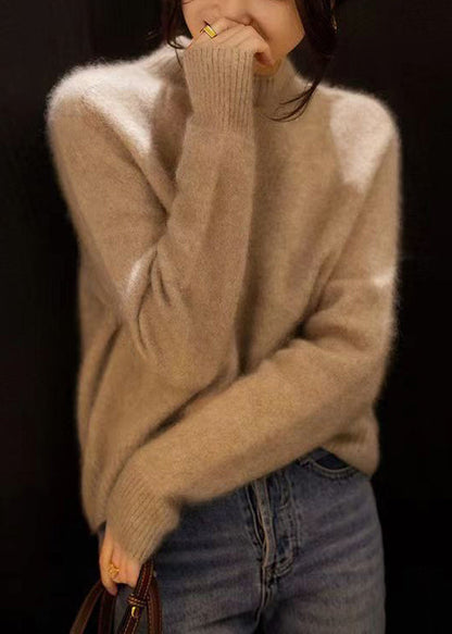 Orange Hign Neck Patchwork Woolen Knit Sweaters Fall