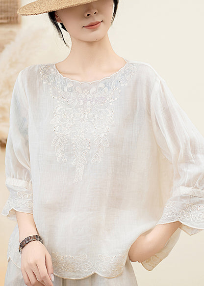 Orange O Neck Embroidered Linen Blouse Tops Summer