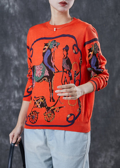 Orange O-neck Print Knit Pullover Spring