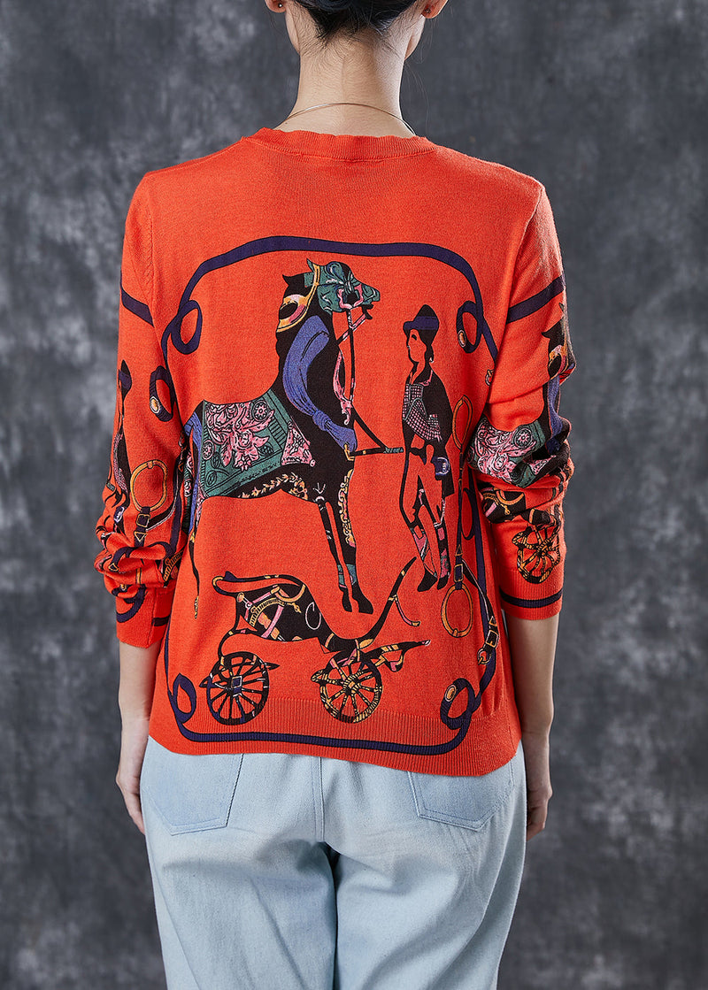 Orange O-neck Print Knit Pullover Spring