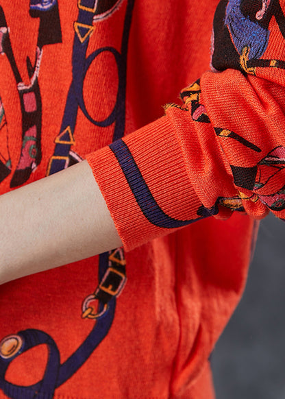 Orange O-neck Print Knit Pullover Spring