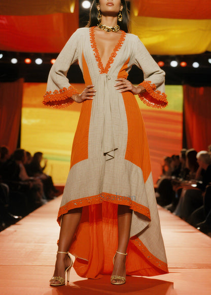 Orange Patchwork Low High Design Linen Party Dresses Summer